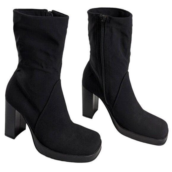 Y2k MIA Black Platform Square Toe Block Heel Side Zip Boots - Picture 1 of 5